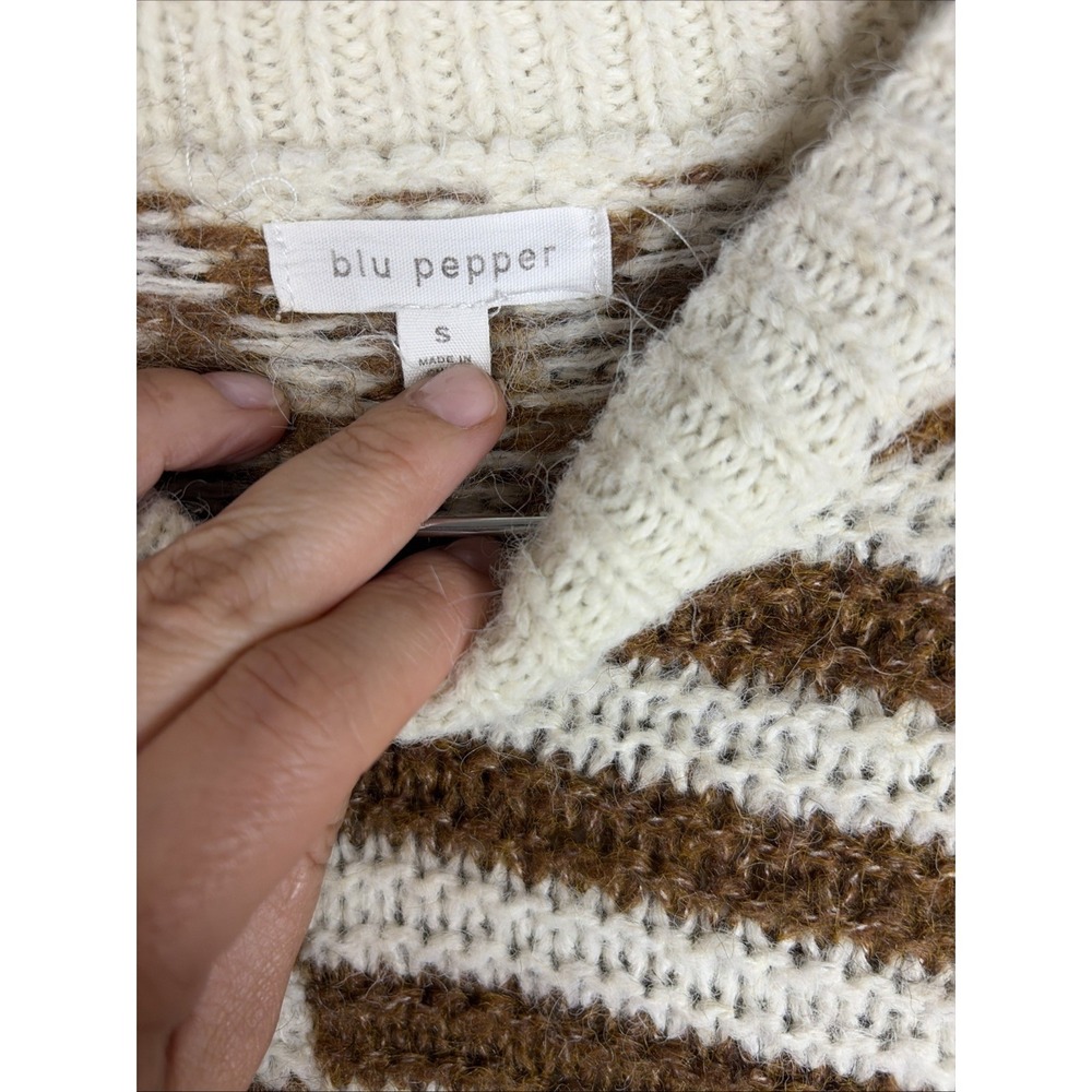 Blu Pepper Stripe & Checkered Crewneck Knit Sweater, Cream/Caramel, Size Small - Picture 3 of 5